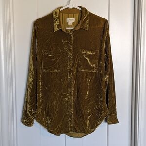 Anthropologie Maeve Crushed Velvet Mustard Button Down Top sz 4